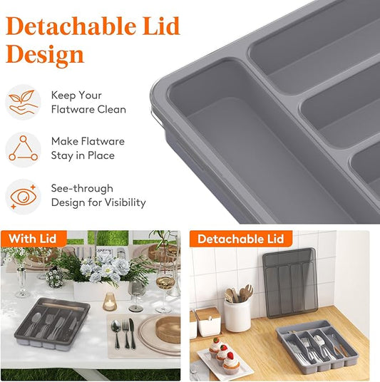 Lifewit Silverware Organizer with Lid, Covered Utensil Tray for Kitchen Drawer and Countertop, Plastic Cutlery and Flatware Storage Box for Spoons Forks Knives Holder Case, 23 x 32 cm, Gray
