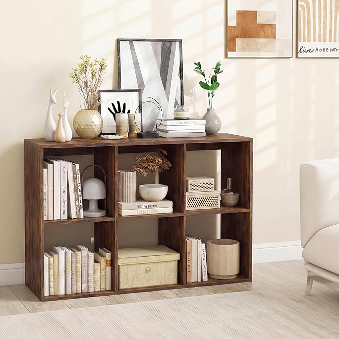 Giantex 6-Cube Bookcase, Cubby Bookshelf w/Back Guardrail & Anti-Tipping Kits, 9-Tier Freestanding Storage Organizer with Shelves, Open Back Display Rack for Living Room, Bedroom, Study, Rustic Brown
