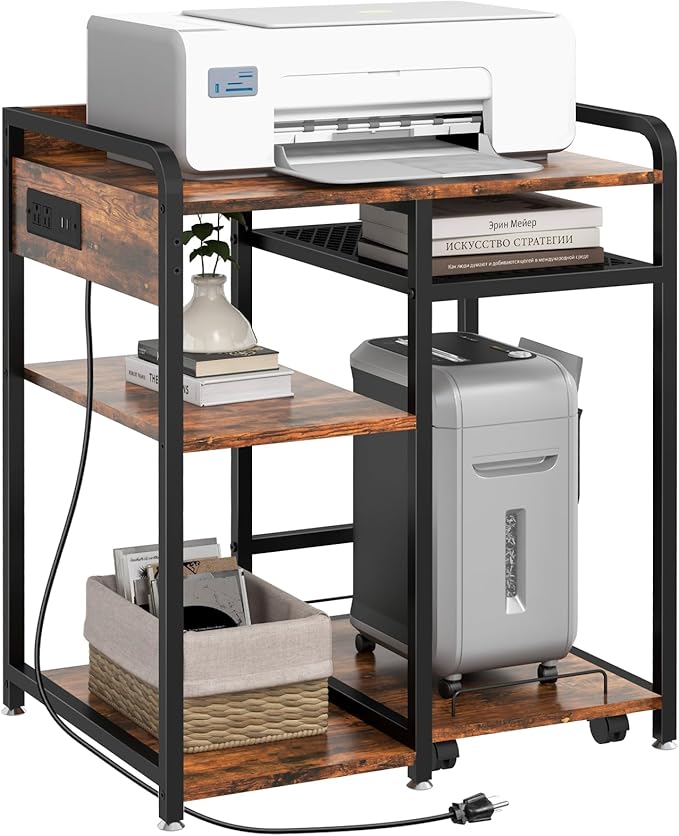 Livofloral Large Printer Stand for Home Office, 23.6 x 18.9 Inch Printer Stand with Power Outlet USB Port, Printer Table with Storage Shelf, Printer Shredder Stand with Wheels, Rustic Brown