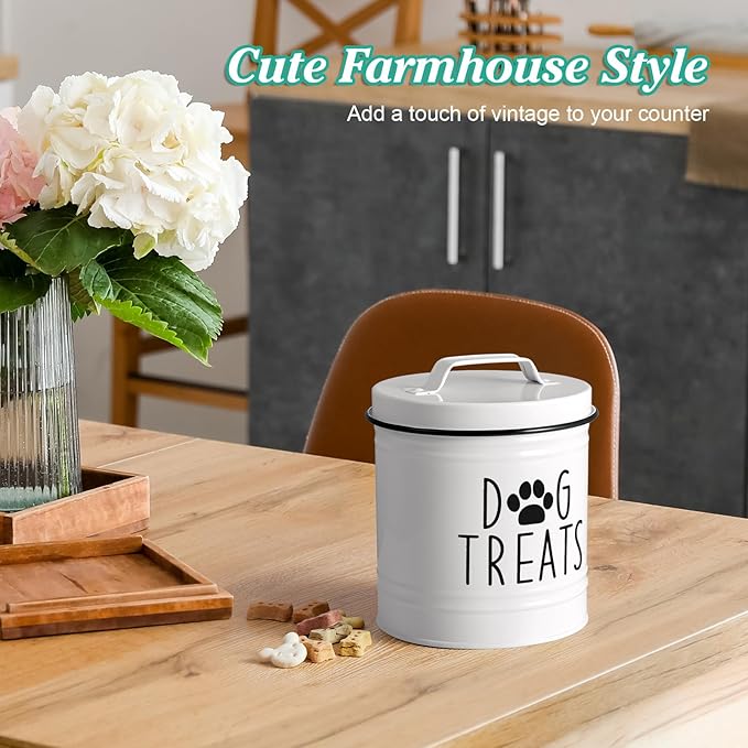 Large Dog Treat Container Airtight - 6.6" Tall X 6" Round White Dog Treat Jar for Kitchen Counter - Rustic Treat Storage Canister for Dogs, Cats, Small Animals - Gifts for Pet Owners