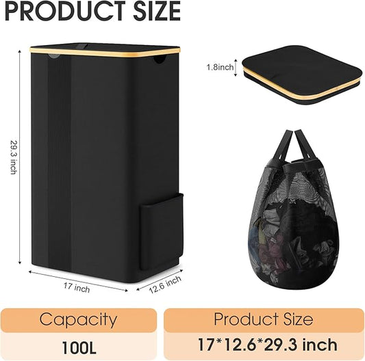 Laundry Basket Clothes Hamper with Lid and Removable Bag Large Collapsible Laundry Baskets with Handle, Freestanding Hampers for Bedroom Aesthetic, Dorm, Bathroom, Laundry Room 100L (Black)