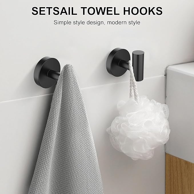 SetSail Towel Hooks for Bathrooms 2 Packs Screw-in Matte Black Bathroom Towel Hook Wall Mounted Stainless Steel Shower Towel Hooks for Coat Hanging, Drilling Hole