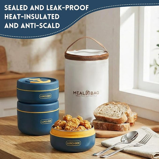 Dandat 3 Pcs Portable Insulated Lunch Container Set for Adult, Stackable Stainless Steel Bento Box for Hot Food with Insulated Lunch Bag Unisex 3 Separate Thermal Food Container (Blue)
