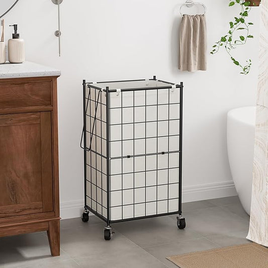 WOWLIVE Laundry Hamper with Wheels,Metal Wire Frame Rolling Laundry Basket with Removable bag,100L Dirty Clothes Hamper Organizer Dorm Room Storage for Bedroom,Bathroom,Black and White