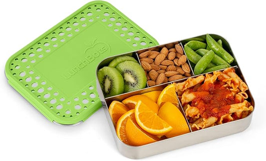 LunchBots Large Cinco Stainless Steel Lunch Container - Five Section Design Holds a Variety of Foods - Metal Bento Box - Dishwasher Safe - Stainless Lid - Green Dots