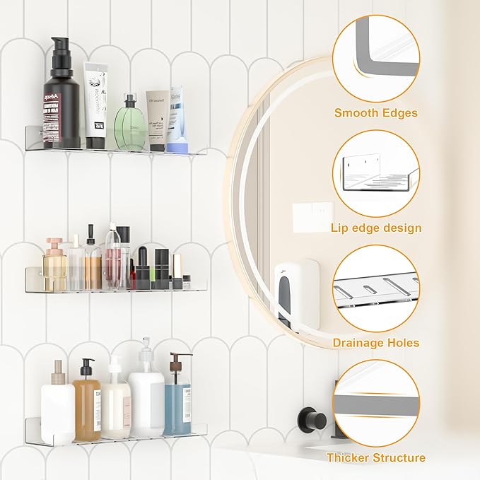 2 Pack Adhesive PET Floating Shelves for Wall, Living Room, Kitchen, Bathroom Organizers and Storage with Adhesive Hooks (for No Drilling) and Drilling Screws