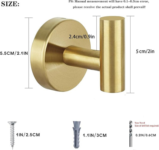 Towel Hooks for Bathroom 2 Packs Screw- in Gold Wall Mount Towel Holder Towel Rack, Heavy Duty Robe Coat Loofah Hooks for Shower, Kitchen,Hotel, Pool Tile, Brick Modern Style Decor Wall Hooks