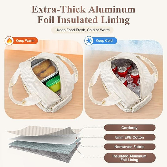 Lunch Bag Lunch Box for Women, Cute Corduroy Insulated Reusable Work Leakproof Simple Adults Large Lunch Boxes Tote Bag Men Cooler Bag