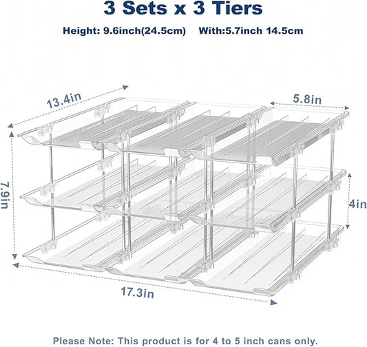 Dayacoco Can Organizer For Pantry,3 Sets 3 Tiers Pantry Organizers And Storage, Pantry Organizer for Fridge 36 Standard and Tall Cans Rack Automatic Rolling Stackable Canned Food Organizer, Clear
