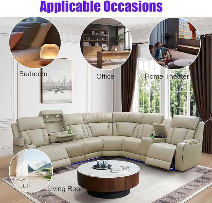 Power Reclining Sectional Sofa, L-Shaped Living Room Furniture Set, Light Brown Leather Recliner Sofa, Reclining Sectional Couch with LED/Storage Console/Cup Holder/USB/Type C for Office/Home