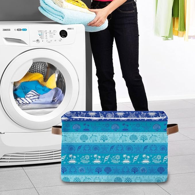 Rectangle Blue Ocean Nursery Storage Basket, Collapsible Storage Box Bin with Handles for Toy, Storage Basket for Friend, Laundry Organizer for Room, Gifts for Chritsmas Thanksgiving 14.9x11x9.4in