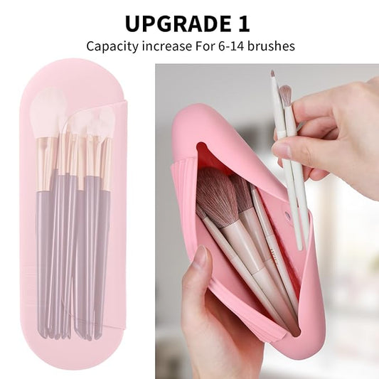 Silicone Makeup Brush Holder Travel Cosmetic Bag:Soft Portable Cosmetic Face Brushes Holder with Upgrade Anti-Fall Out Magnetic Closure, Large Travel Makeup Brush Case - Pink