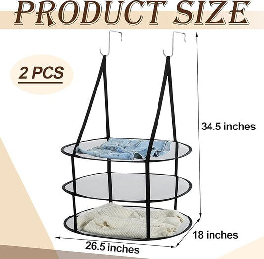 2 Pcs 3 Tier Sweater Drying Rack Flat Over The Door Folding Drying Rack Large Lay Laundry Hanging Dryer Mesh Clothes Dry Hanger for Apartments Dorms Bathrooms(Black,26.5 x 18 x 34.5 Inch)