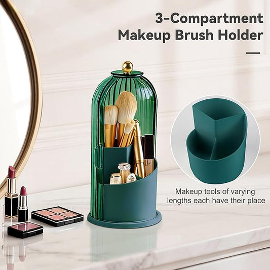 360° Rotating Makeup Brush Holder with Lid, Waterproof Three-Compartment Makeup Organizer, 180° Side-Pull Door Desk Organizer, Dustproof Brush Holder for Vanity and Bathroom (Green)
