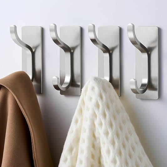 pickpiff Adhesive Wall Coat Hooks - Heavy Duty Stick-On Door Hanger, Metal Hook for Hanging Towel,Purse, Robe, Backpack, Jacket, Clothes - for Bathroom,Dorm, Closet, Kitchen - Brushed Silver, 10 Pack