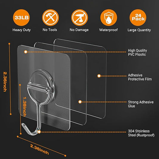 48 Pack Heavy Duty Adhesive Wall Hooks for Hanging - 33lb Max, Transparent Waterproof Rustproof Self Adhesive Hooks for Bathroom, Shower, Kitchen, Outdoor and Home