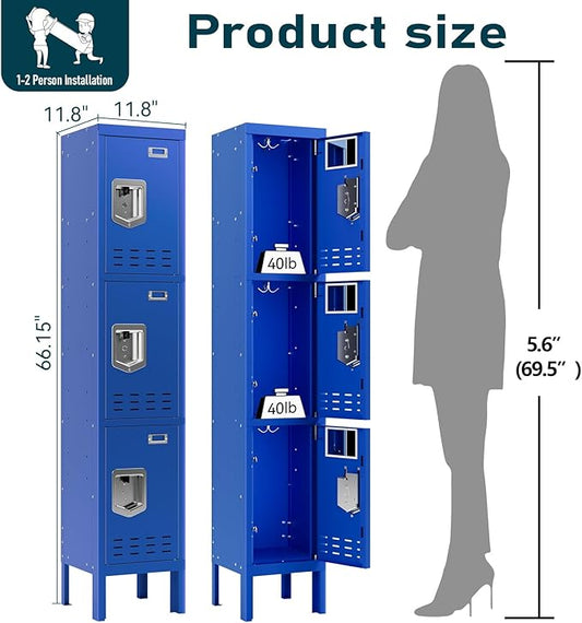 Metal Lockers - 66" Height Steel Lockers for Employees with 3 Door Storage Locker with Card Slot for Employees Gym School Home Office Garage - Assembly Required