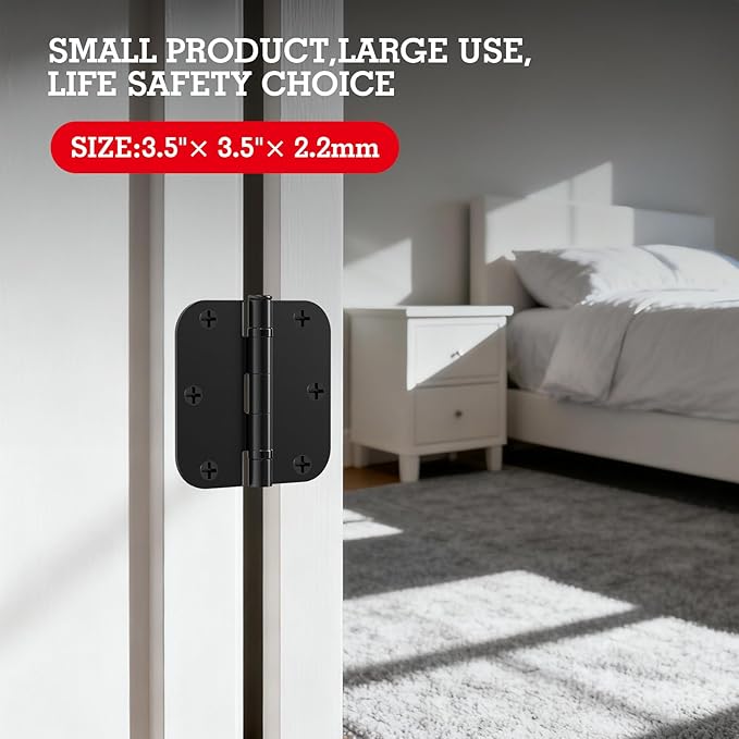 3 Pack Rounded Matte Black Door Hinges 3.5 Inch 5/8" Radius No Squeak Ball Bearing Interior 3-1/2"Flat Iron Bifold Residential Standard Bedroom Indoor for Doors 3 ½" Hardware Control House Home Decor