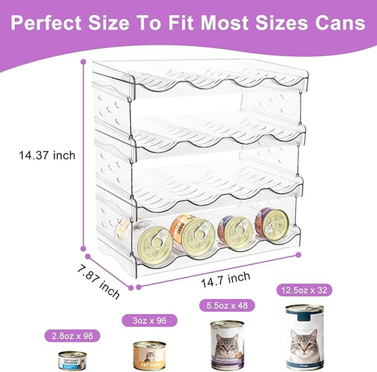 Cat Food Can Organizer, Can Organizer for Pantry, Transparent Cat Food Storage Container Holds 96 (3.5oz) Cans, Canned Food Organizer and Storage for Countertop Kitchen Cabinet (4 Tier-4 Layer)