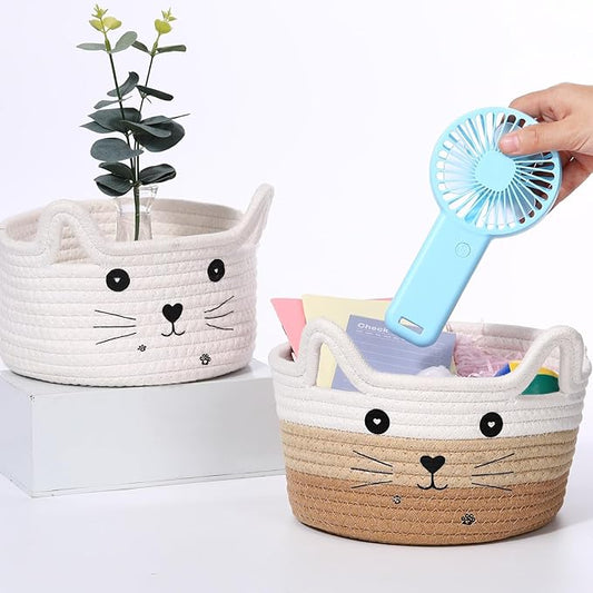 Zopeal Cat Basket Storage Woven Organizer with Ears Easter Decorative Gift Pet Toy Cute Cotton Rope Basket for Gift Cat Dog Toy Bin Nursery Room(8.3 x 4.7 Inch,White Khaki Brown)
