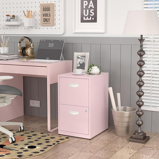 2 Drawer File Cabinet with Lock,Pink Metal Office Drawers Filing Cabinets for Home Office, Two Drawer Under Desk File Cabinet for Hanging Letter,Easy Assemble