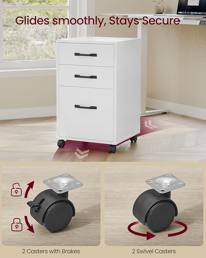 VASAGLE Mobile File Cabinet, 3 Drawers Filing Cabinet with Wheels, for Home Office, for A4, Letter Sized Documents, Adjustable Hanging Rail for File Folders, Cloud White UOFC065WB02S