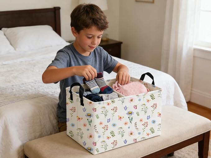 Rectangle Kids Baskets Flower Basket Cute Storage Bin Organizer Boys Box for Room Decor Gift Basket(Watercolor flower)
