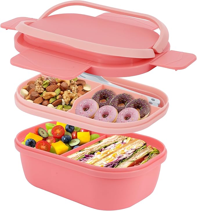 Leakproof Lunch Box, Drop-Proof Bento Box for Kids & Adults, BPA-Free Lunch Containers with Sleek Handles & Utensils, Microwave & Dishwasher Safe (Pink)