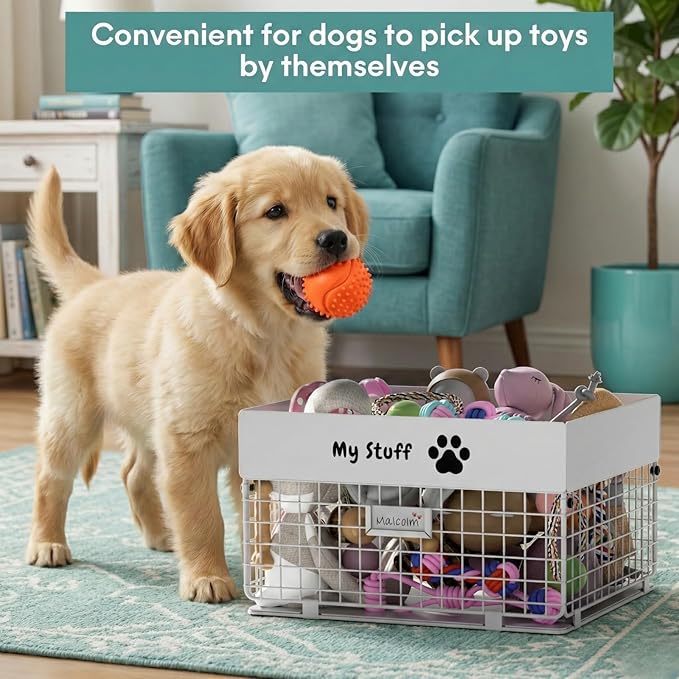 Dog Toy Box- Metal Toy basket for Dog - Dog Toys Storage Bin for Pet - Personalized Large Dog Toys Basket for Puppy and Pet- White Chew Resistant Dog Toy Chest & Organizer