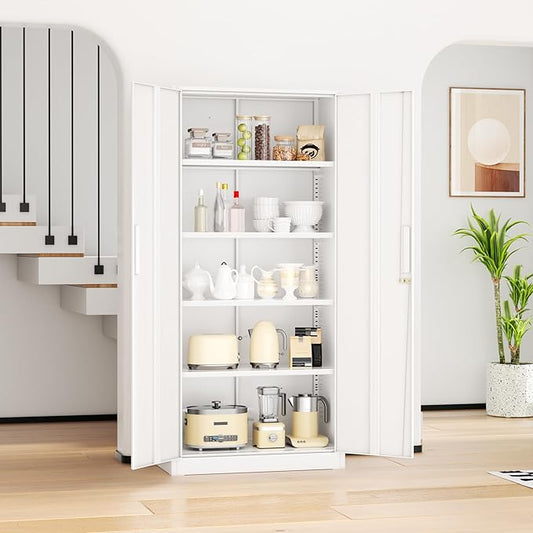 INTERGREAT Metal Lockable Storage Cabinet, 72” H Storage Cabinets with 2 Doors and 4 Adjustable Shelves for Office, Home, Garage, Pantry (Assembly Required, White)