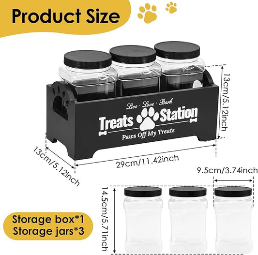 Dog Treat Container, Food Storage Container with 3 Plastic Dog Treat Jars, Reusable Cat Treat Container, Pet Treat Storage Organizer, Wood Dog Treat Holder, Dog Food Container for Dog Cat(black)