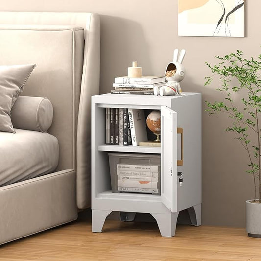 23.6" H Metal Locker Nightstand Set of 2,White Locking Night Stand with Door and Adjustable Shelf, Small Locker Cabinet with Detachable Legs for Home Office,Living Room or Bedroom,Easy Assembly