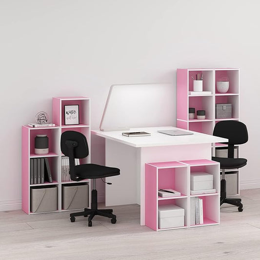 Furinno PASIR Book Shelf, 4-Tier Modern Bookshelf, Open Shelves Bookcase 9 x 12 x 42, for Living Room, Bedroom, Home Office, Pink/White