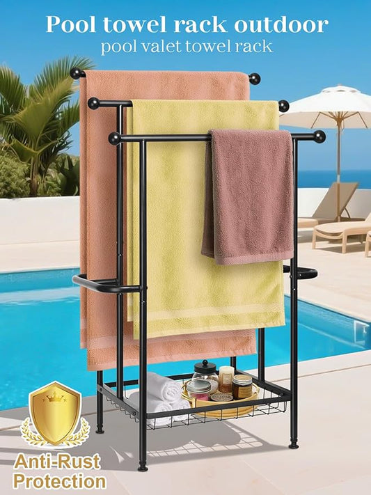 Haturi Free Standing Towel Rack for Bathroom, 3-Tier 39" H Black Metal Towel Drying Rack with Storage Basket, 24.4" L x 13" W x 39" H Rust-Resistant Outdoor Holder for Pool & Oversized Towels
