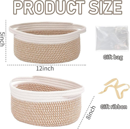 Woven Basket,Small Rope Storage Bin with Handles & Ribbon Bag, Organizer for Shelves Closets,Gift Basket Empty for Birthday,Books,Dog Toys, White&Brown Block