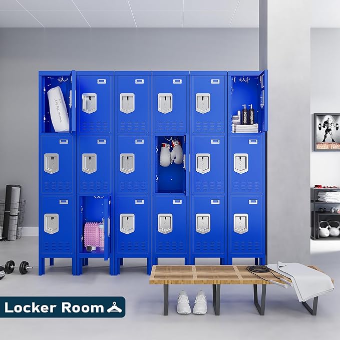 Metal Storage Locker with Lock & Card Slot Locker - Secure Lockable Door - Steel Locker for School, Office, Gym, Home - 66.15" H x 11.8" W x 11.8" D(3 Door, Blue)