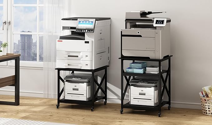 Printer Stand, 23.6 x 23.6 x 30.1 Inches Large Square Printer Table with Height Adjustable Storage Shelf, 3 Tier Rolling Printer Cart with Industrial Wheels for Home Office - Black