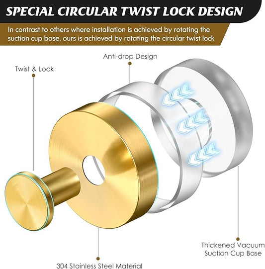 Suction Cup Hooks for Shower,Removable Shower Towel Suction Hooks for Bathroom Wall,Kitchen,Glass,Mirror,Tile to Hang Robes,Loofah-Gold(2-Pack)