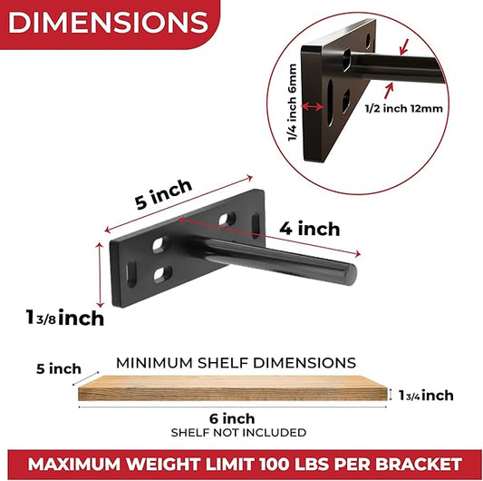 Set of 4 Floating Shelf Brackets Heavy Duty (1/4 inch Thick Baseplate) Painted Black Mild Steel/Bracket for Hidden Wall Shelves Support Hardware Mount Kitchen/Nursery Decor (4 inch Rods)