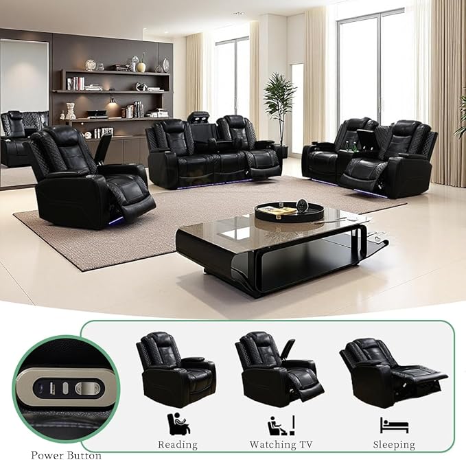 Living Room Furniture Sets, Black Leather Power Reclining Sofa Set, Power Sofa Loveseat and Chair with 5 Recliner Seats/Storage Console/Cup Holder/LED Light/USB Port for Living Room