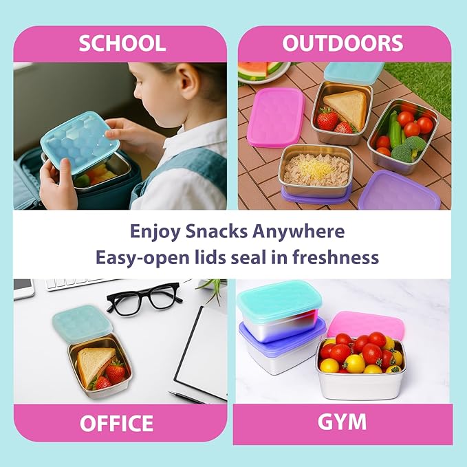 3-Pack Stainless Steel Snack Containers for Kids & Toddlers - 550ml (18oz) Leakproof Reusable Food Containers with LFGB Certified Lids | Stackable Metal Lunch Box for Daycare, School, Travel