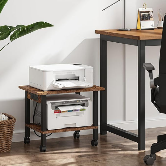 TUTOTAK 2 Tier Printer Stand, Rolling Printer Cart with Power Outlets and USB Ports, Mobile Printer Table with Wheels, for Under Desk, Office, Home,Brown PS01BB001P