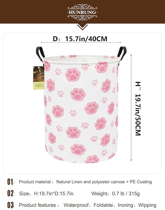 HUNRUNG Laundry Hamper,Large Canvas Fabric Lightweight Storage Basket Toy Organizer Dirty Clothes Collapsible Waterproof for College Dorms(Round-Pink Paw)