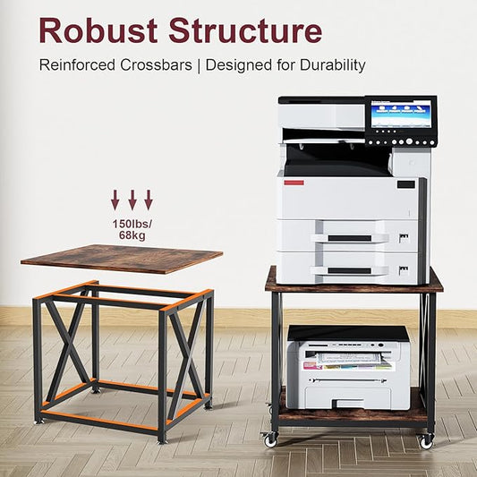 2-Tier Large Printer Stand with Storage Shelf, 23.6 x 23.6 Inches Printer Table, 2-Tier Rolling Cart with Industrial Wheels for Home Office (Rustic Brown)