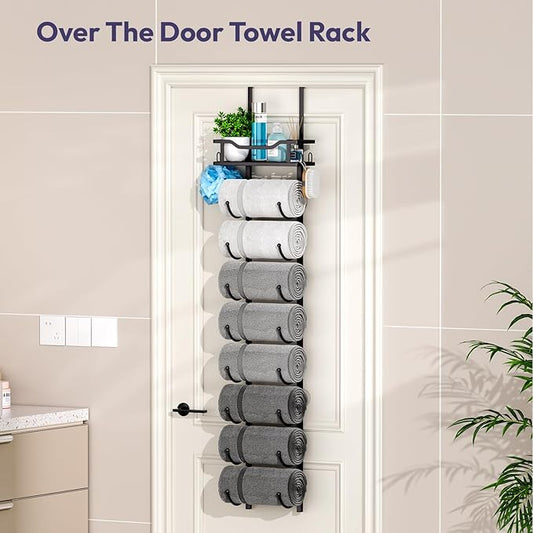 SWTYMIKI Over The Door Towel Rack - 9 Tier Towel Racks for Bathroom Wall Mounted, Towel Holder with Shelf, Hanging Rolled Towel Storage Organizer for Small Bathroom, Camper, RV, Black