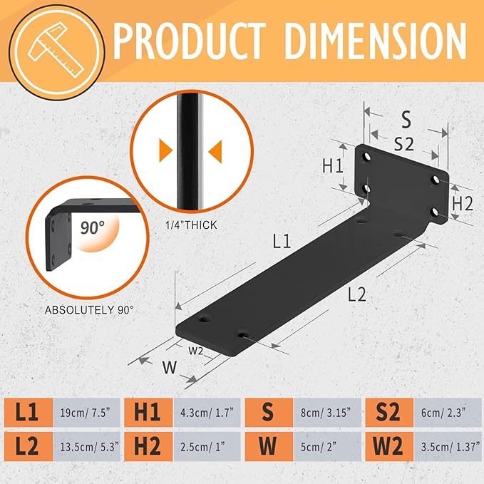 CLT Shelf Bracket( Black) , 8” Quarter Inch (1/4") Thick- Max Load: 220 lb Rustic Industrial Modern Farmhouse Heavy Duty Bracket for DIY Table Bench, Pack of 6