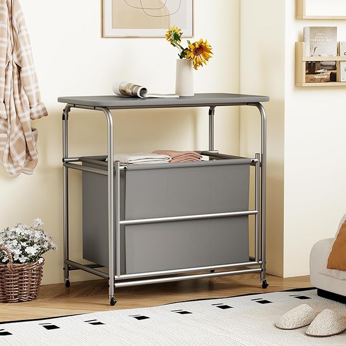 Giantex Laundry Sorter with Foldable Ironing Board, 3 Section Tilt Out Laundry Hamper with Removable Bags, Heavy-Duty Rolling Laundry Cart with Lockable Wheels for Bathroom Bedroom, Grey