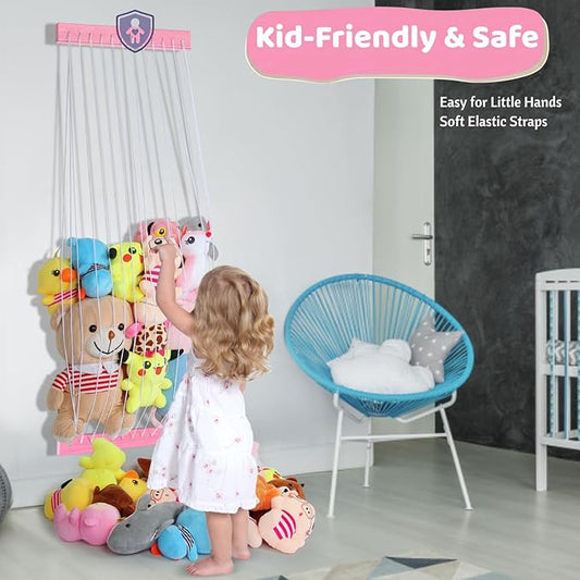 Stuffed Animal Storage Wooden Soft Toy Storage for Kids Room,Wall Mount Door Hanging Stuffed Animal Toy Organizer Shelf for Nursery Play Room Pink -Patent