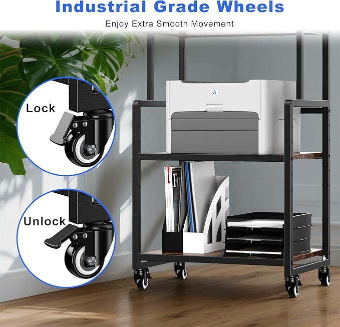 21.3 x 15.7 Inch Printer Stand, 5-Adjustable Heights 3 Tier Printer Cart with Wheels, Mobile Printer Table for Home Office for Storage Heat Press Scanner Fax, Rustic Brown