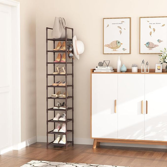 Tall Shoe Rack 10-Tier Narrow Shoe Shelf Storage for 10-15 Pairs Shoe and Boot, Sturdy Shoe Storage Space Saving Corner Shoe Rack Organizer for Closet, Entryway, Living Room, Brown
